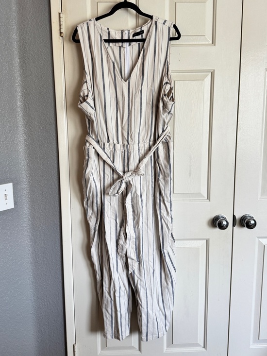Lane Bryant Pants - Lane Bryant Striped Sleeveless Jumpsuit in Cream and Navy
